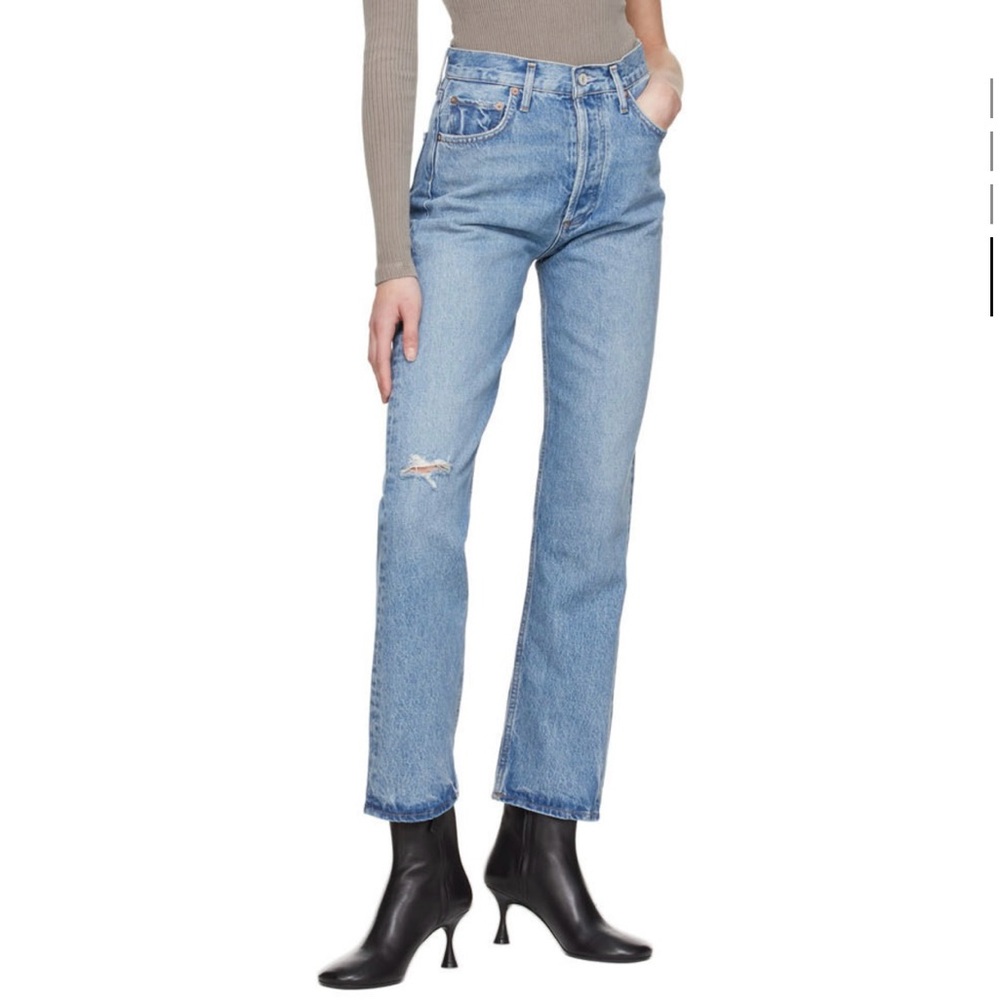 AGOLDE 90’s Pinch Waist Jeans, size 27, featuring rip on on one of the legs.